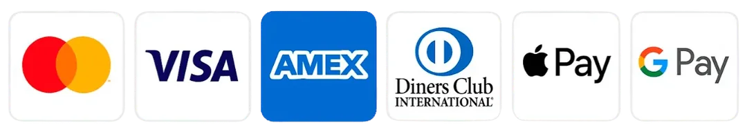 Visa, Mastercard, American Express, Discover, Apple Pay and Google Pay accepted at checkout